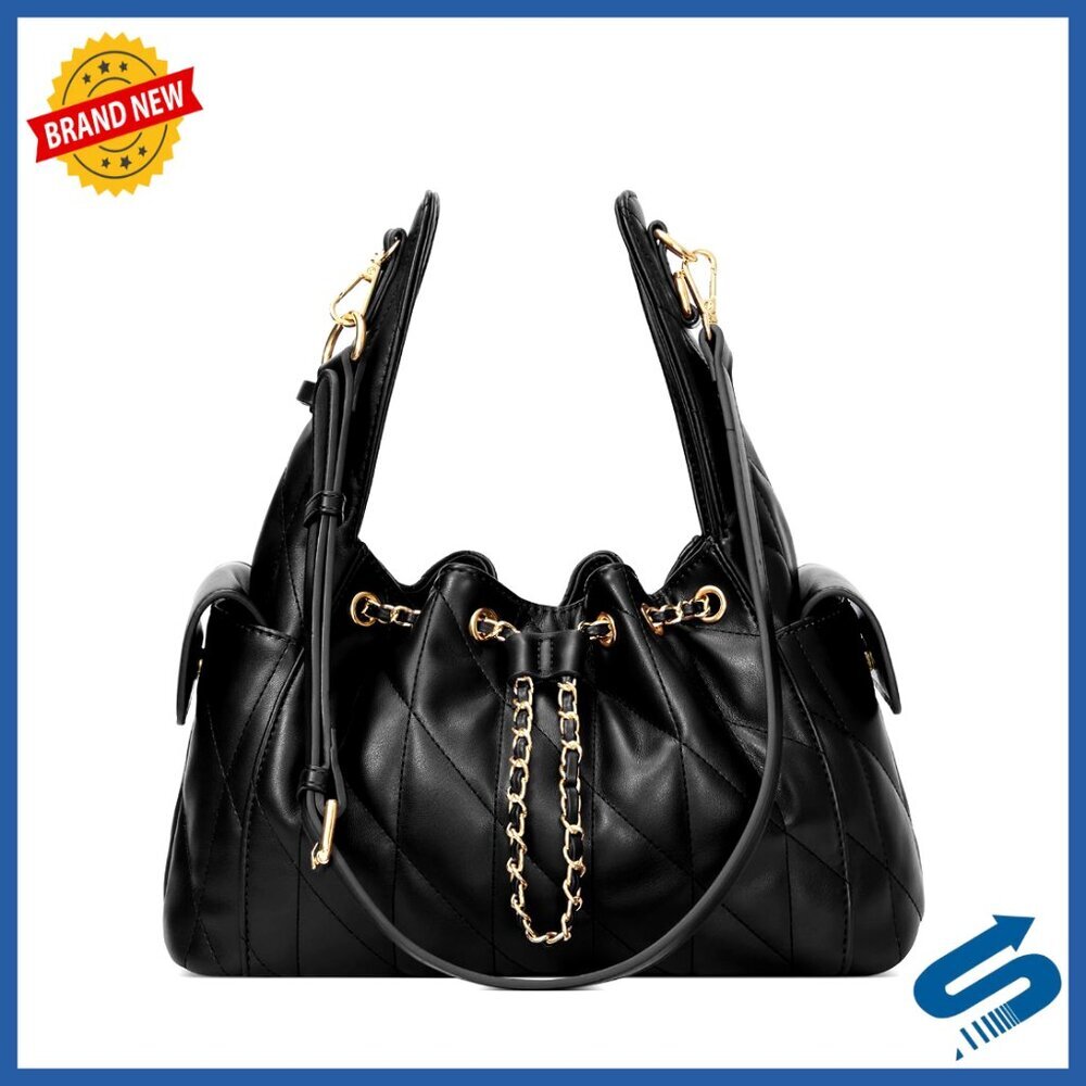 Quilted Drawstring Shoulder Bag with Gold Chain - Black